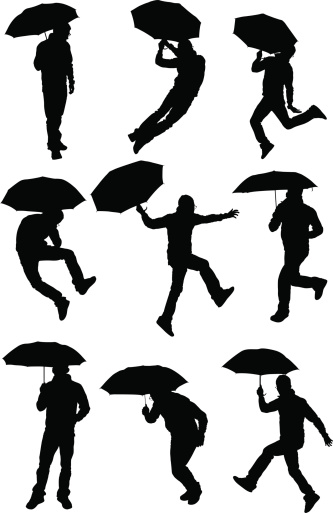 Running jumping man with umbrella