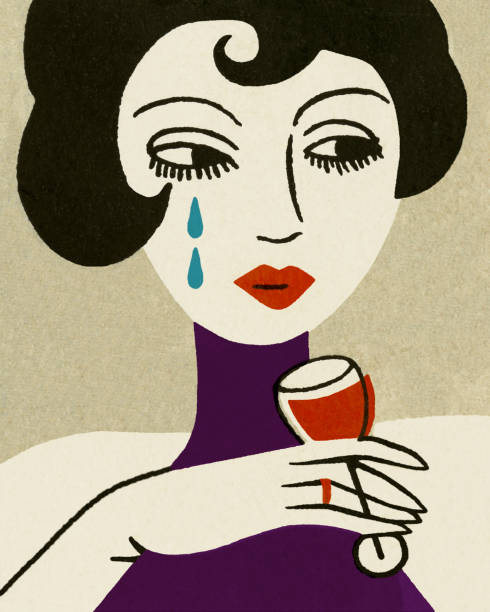 Sad Woman Drinking Wine Sad Woman Drinking Wine crying illustrations stock illustrations