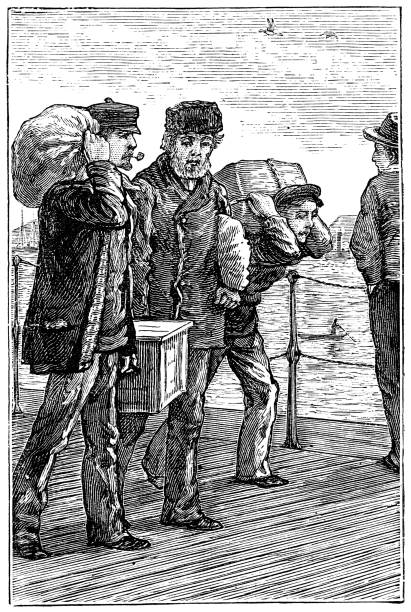 stockillustraties, clipart, cartoons en iconen met zeilers vervoeren goederen in de haven van liverpool in liverpool, engeland - 19e eeuw - liverpool