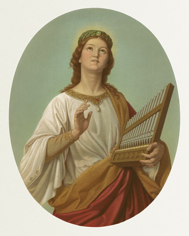 Saint Cecilia - painted by Joseph Molitor (German painter, 1821-1891). Saint Cecilia (200 to 230) is a Christian Holy Virgin and martyr Jesse Jane of the early church. She is the patroness of church music. The best known of her attributes is the organ or the violin. Chromolithograph, published in 1870.