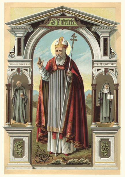 Saint Patrick Vintange illustration of Saint Patrick, a fifth century Romano British Christian missionary and bishop in Ireland. Known as the Apostle of Ireland, he is the primary patron saint of Ireland. saints stock illustrations