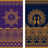 A pair of extra tall seamless sari border designs with intricate gold details, featuring namaste hands and a pair of ornate peacocks. (Includes .jpg)