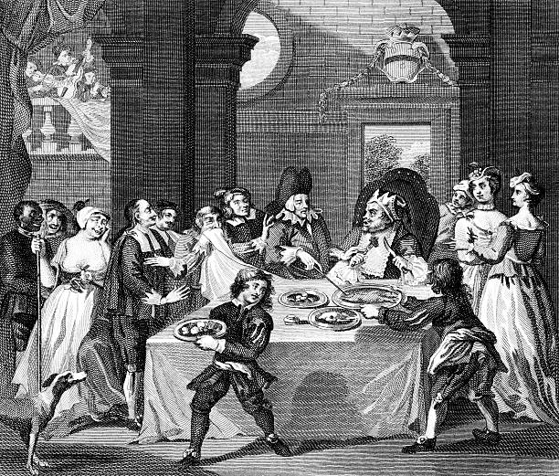 satire of doctor forcing wealthy man to diet, circa 1700s - sancho stock illustrations