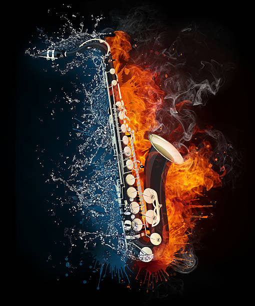 Saxophone between water and fire Saxophone in Fire and Water Isolated on Black Background smoke on black stock illustrations
