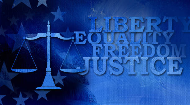 Scales of Justice with Liberty Equality Freedom Justice abstract Type background Graphic illustration of Scales of Justice icon with stars and large type Liberty, Equality, freedom and justice on abstract oil paint background. Conceptual graphic for judicial themed usage. supreme court stock illustrations