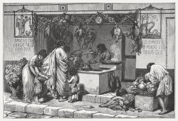Scene from Ancient Rome: Delicatessen business with food, published c.1895 Scene from Ancient Rome: Delicatessen business with food. Wood engraving, published around 1895. ancient rome stock illustrations