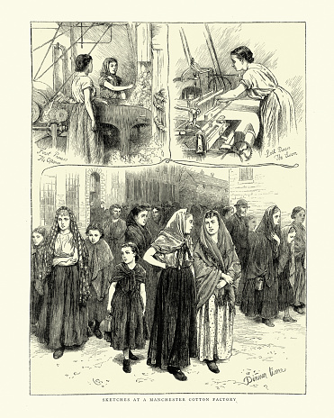 Vintage illustration of Scenes in a Manchester Cotton factory, Girl and women working at looms, leaving the factory at dinner time,1870s, Victorian 19th Century