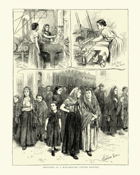 Scenes in a Manchester Cotton factory, Girl and women working at looms, 1870s vector art illustration