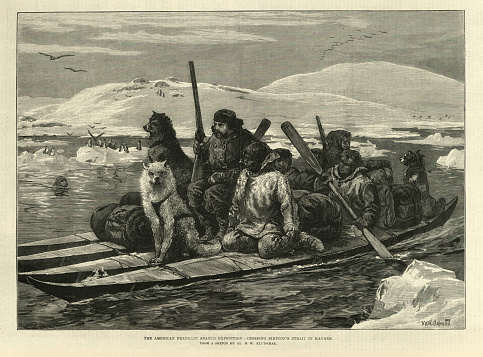 Vintage illustration, Frederick Schwatka's Search for Franklin's expedition, Crossing Simpson's Strait in Kayaks, 19th century arctic explorers
