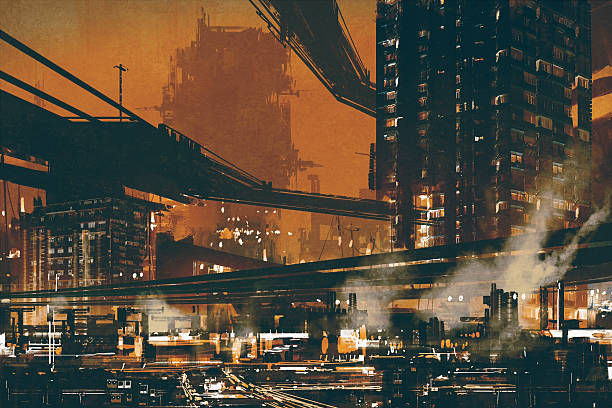sci fi scene showing futuristic industrial cityscape sci fi scene showing futuristic industrial cityscape,illustration cyberpunk stock illustrations