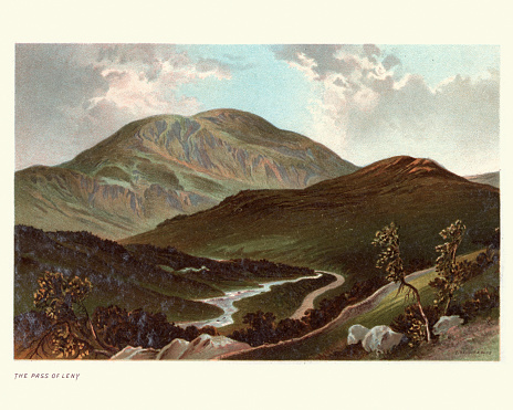 Vintage engraving of Scottish landscape, Pass of Leny, Stirling, Scotland, 19th Century