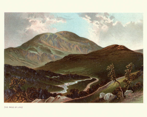 ilustraciones, imágenes clip art, dibujos animados e iconos de stock de paisaje escocés, paso de leny, stirling, escocia, siglo 19 - landscape painting