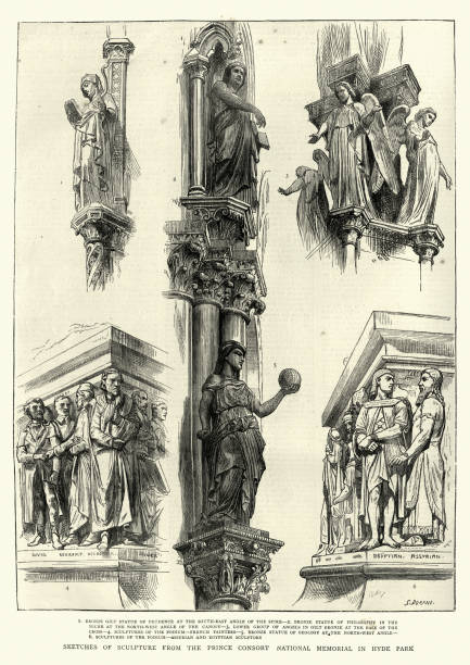 stockillustraties, clipart, cartoons en iconen met sculptuur van de albert memorial, hyde park, 1872 - chelsea