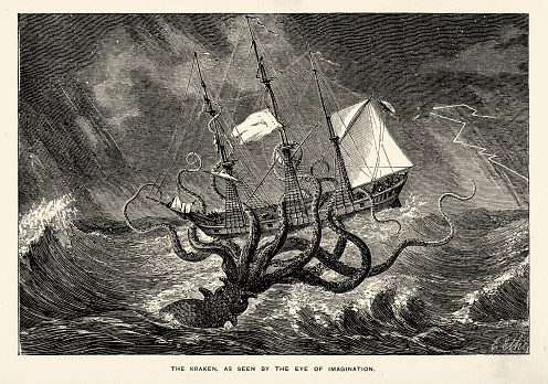 Vintage engraving of The Kraken, as Seen by the Eye of Imagination, 19th Century. The Kraken is a legendary sea monster of large proportions that is said to dwell off the coasts of Norway and Greenland.