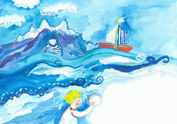 Sea watercolor background for kids with yacht and sailor vector art illustration