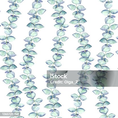 istock Seamless background with watercolor eucalyptus branches and leaves. 1365128768
