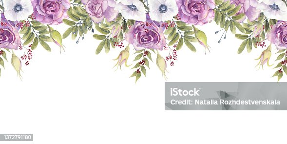 istock Seamless border with purple roses and anemones. Hand-drawn watercolor illustration 1372791180