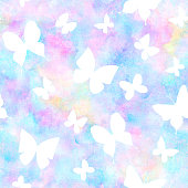 istock Seamless botanical summer colorful watercolor pattern with butterflies 1353685332