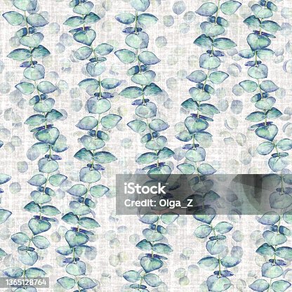 istock Seamless linen background with watercolor eucalyptus branches. 1365128764