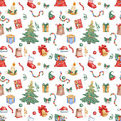 istock Seamless pattern for the new year. Christmas tree gifts, bag with gifts, New Year's sock, garland, snowflakes. Great for holiday decor, wrapping paper, prints 1360917328