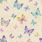 istock Seamless pattern in vintage style with watercolor butterflies and hand written letter 1343825032