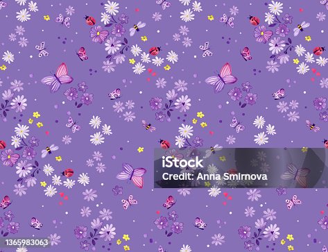 istock Seamless pattern on a lightweight background from butterflies, flowers and insects. 1365983063