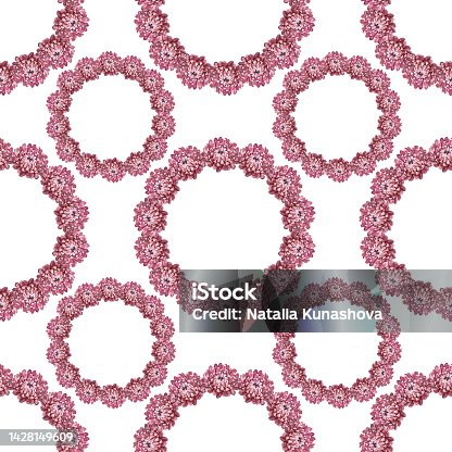 istock Seamless pattern watercolor boho wreath on white background. Circle frame border template for design. Dry pink flower herbarium for wedding. Hand-drawn summer autumn plant. Art with copy space 1428149609