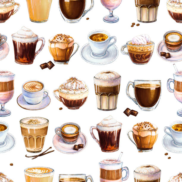ilustrações de stock, clip art, desenhos animados e ícones de seamless pattern with different coffee drinks on white background. - cappuccino