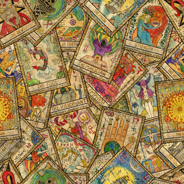 오래 된 화려한 타로와 완벽 한 패턴 카드 혼란 레이아웃 - tarot stock illustrations