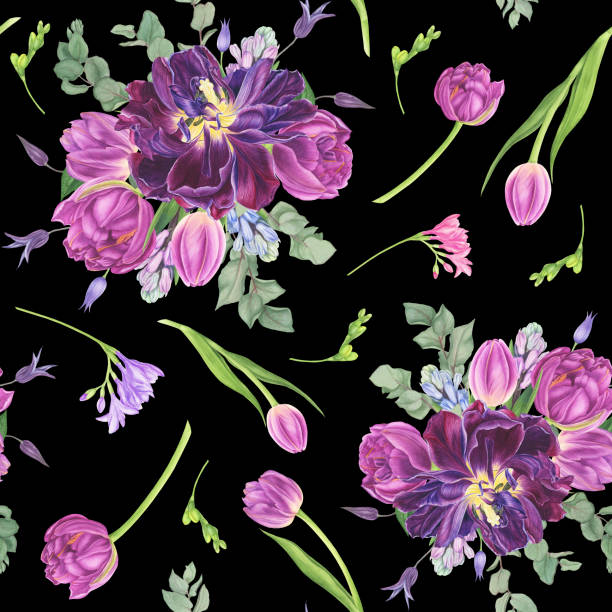 bildbanksillustrationer, clip art samt tecknat material och ikoner med sömlösa mönster med vår blommor: tulpaner, freesia och hyacinter, akvarell målning. - red hyacinth
