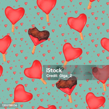 istock Seamless pattern with watercolor red hearts ice creams 1355118036