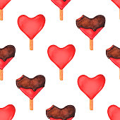 istock Seamless pattern with watercolor red hearts ice creams 1358785354