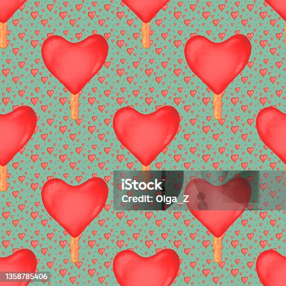 istock Seamless pattern with watercolor red hearts ice creams 1358785406