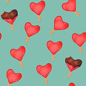 istock Seamless pattern with watercolor red hearts ice creams 1360050591