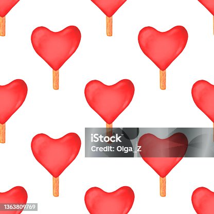 istock Seamless pattern with watercolor red hearts ice creams 1363809769