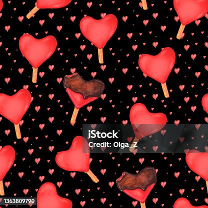 istock Seamless pattern with watercolor red hearts ice creams 1363809790