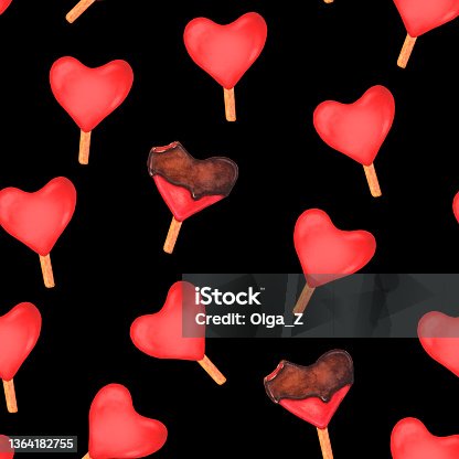 istock Seamless pattern with watercolor red hearts ice creams 1364182755