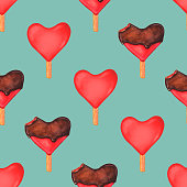 istock Seamless pattern with watercolor red hearts ice creams 1364182763