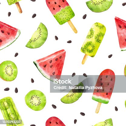 istock Seamless pattern with watercolor watermelon and kiwi fruit popsicle isolated on white background. Can be used for textile, wrapping paper, design menu, scrap book paper, invitations and other. 1370292237