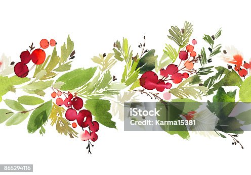 istock Seamless watercolor Christmas pattern with berries and spruce 865294116