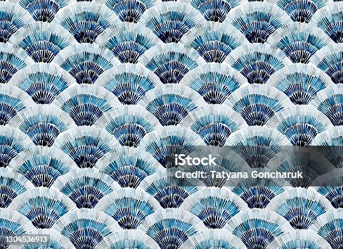 istock seamless watercolor pattern with blue abstract fish scales pattern. hand drawing print moroccan patterns, tiles. gradient blue 1304536913