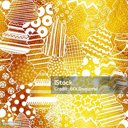 istock Seamless white outlined shapes of Christmas trees filled by hand-drawn various patterns on gold textured paper surface - Christmas card 1044968622