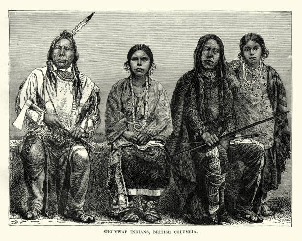 Secwepemc First Nations people, British Columbia, 19th Century Vintage engraving of Secwepemc First Nations people, British Columbia, 19th Century. known in English as the Shuswap people. canadian culture illustrations stock illustrations