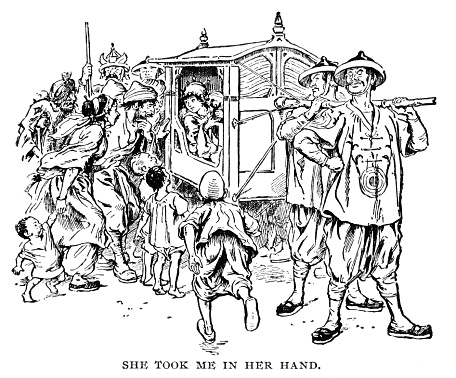 Brobdingnagian people crowd around to see Gulliver in the hand of a woman being carried in an Asian sedan chair. Illustration 42 of 54. Illustration published in a 1899 edition of Jonathan Swift's novel Gulliver's Travels. Copyright has expired and is in Public Domain.