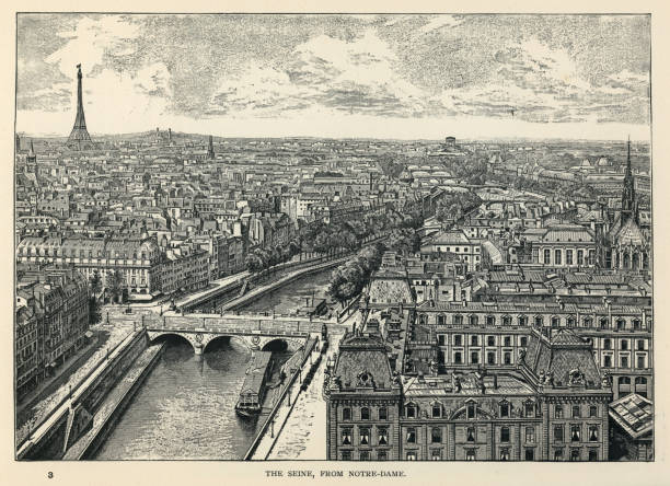 Seine and Cityscape, Skyline of Paris, France, from Notre Dame, 19th Century vector art illustration