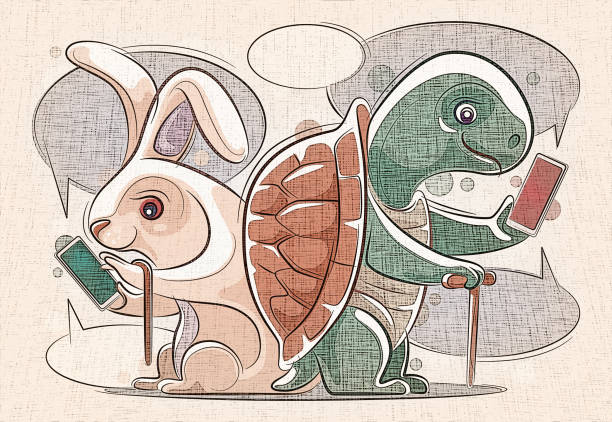 illustrazioni stock, clip art, cartoni animati e icone di tendenza di coniglio anziano che chatta con la tartaruga tramite smartphone - tartarughe
