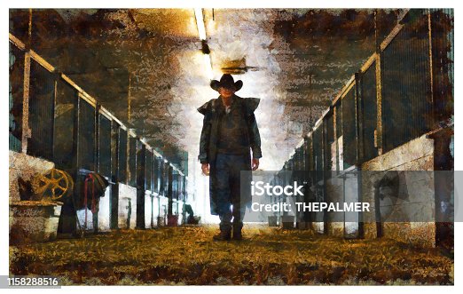 istock Senior rancher at a horse stable - digital photo manipulation 1158288516