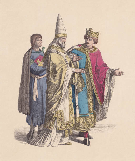 ilustrações de stock, clip art, desenhos animados e ícones de servant, pope and king, 12th century, hand-colored wood engraving, published c.1880 - pope
