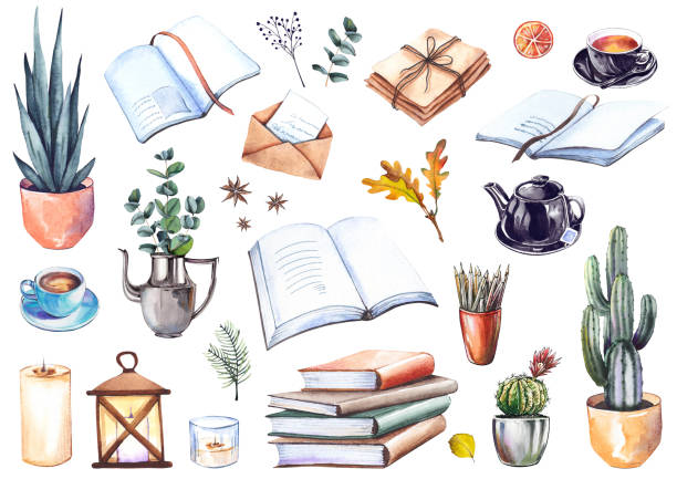 Set of books, house plants, coffee cups, letters, candles and leaves. Set of books, house plants, coffee cups, letters, candles and leaves. Cozy home illustration. Watercolor isolated on white background. writing activity clipart stock illustrations
