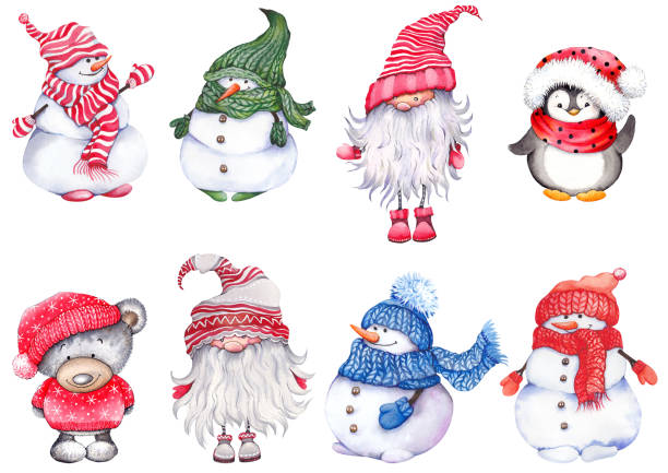 Set of Christmas cartoon characters, wearing knitted hats, scarves and mittens. Cute snowmen, teddy bear, penguin and scandinavian dwarf. Set of Christmas cartoon characters, wearing knitted hats, scarves and mittens. Cute snowmen, teddy bear, penguin and scandinavian dwarf. Watercolor isolated on white background. winter clipart stock illustrations